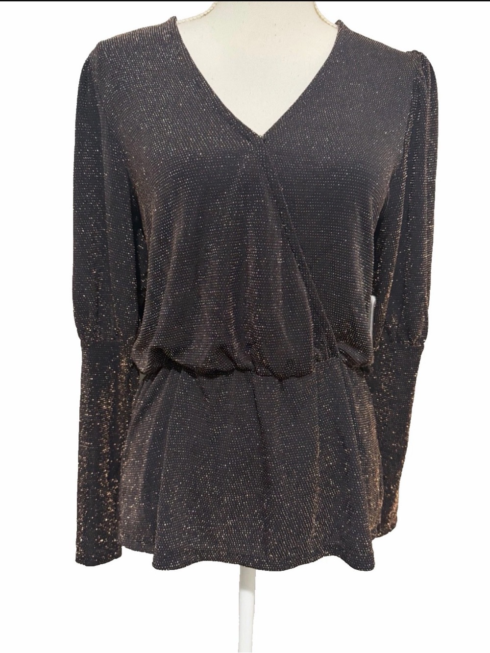 Vince Camuto Metallic Surplice Top Black Gold Medium Holiday Sparkle Festive